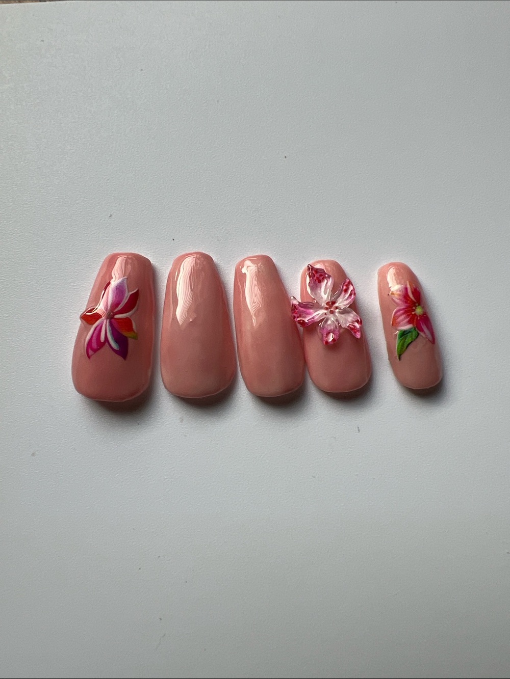Coffin Medium Hibiscus Pink Floral Press-On Nails